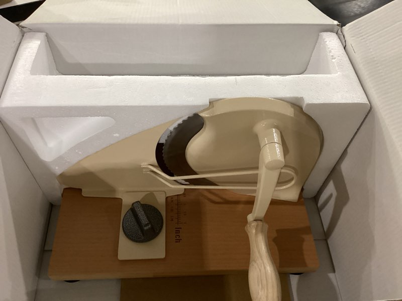 Condition photo showing New/Like New for upgrade manual bread slicer for homemade sourdough bread, classic hand crank home bread slicer with scale line and steel fence, sharp blade, adjustable width for homemade & commercial use large white