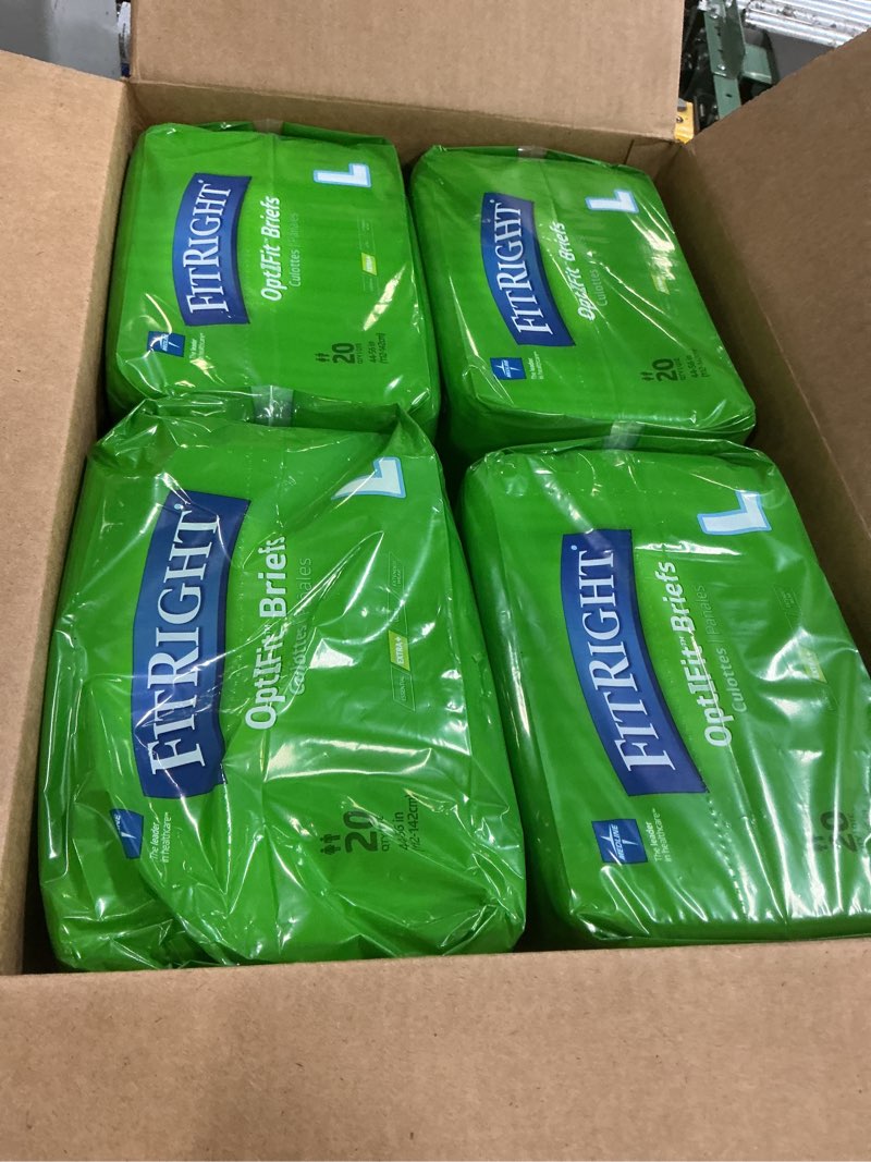 Condition photo showing New/Like New for  4 pack FitRight Adult Diapers, Extra+ Heavy Absorbency, L (Waist Size 44in-56in), 80 Count, OptiFit Incontinence Briefs for Men and Women, Disposable, Moisture-Wicking, Leak Protection. 80 Count Large