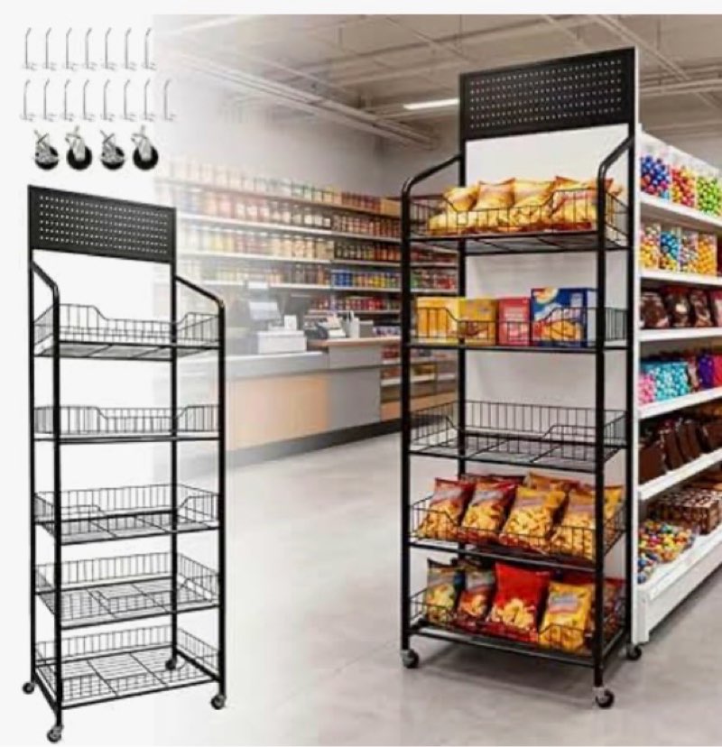 5 tier retail candy display rack, metal storage shelf cart with wheel, 15 hooks, heavy-duty metal sn