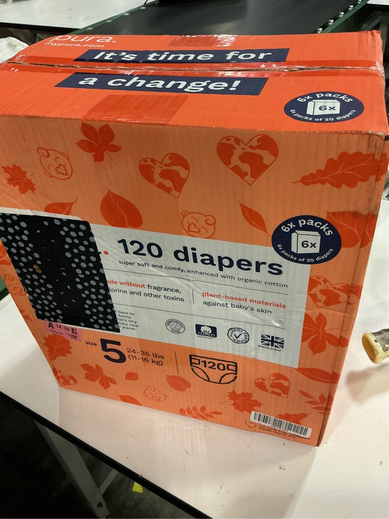 Condition photo showing New/Like New for pura size 5 eco-friendly diapers (24-35 lbs) totally chlorine free (tcf), hypoallergenic, soft organic cotton, sustainable, up to 12 hours leak protection, allergy uk, 6 packs of 20 (120 diapers) size 5 120