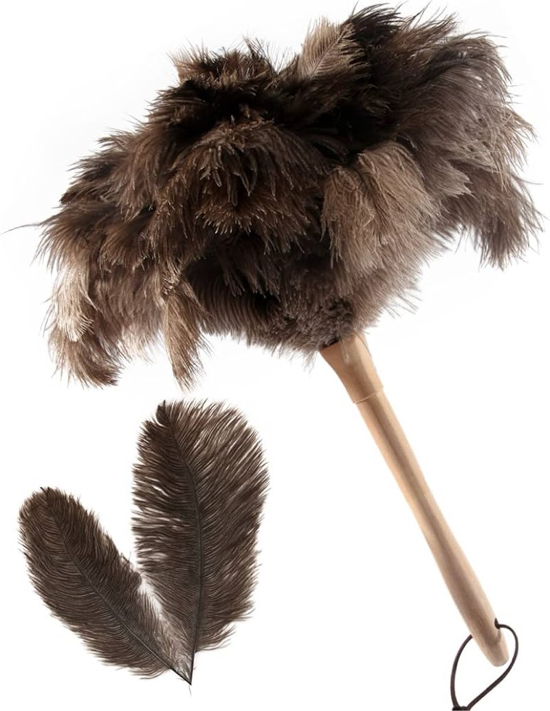( champagne color ) THARAHT 1PCS Ostrich Feather Duster Fluffy Natural with Wood Handle Reusable Washable for Cleaning Keyboard,home car