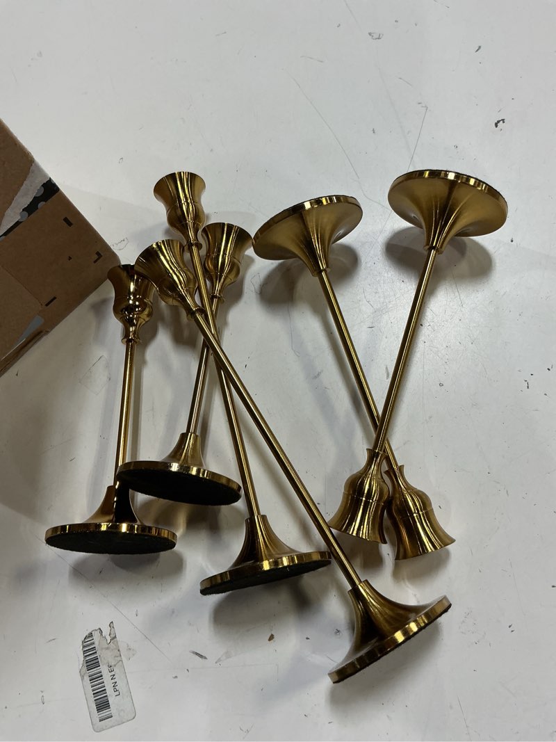Condition photo showing Good Condition for 2 sets(6 pcs) brass gold metal taper candle holders candlestick holders, vintage modern decorative centerpiece candlestick holders for table mantel wedding housewarming gift gold 2 sets (6 pcs)