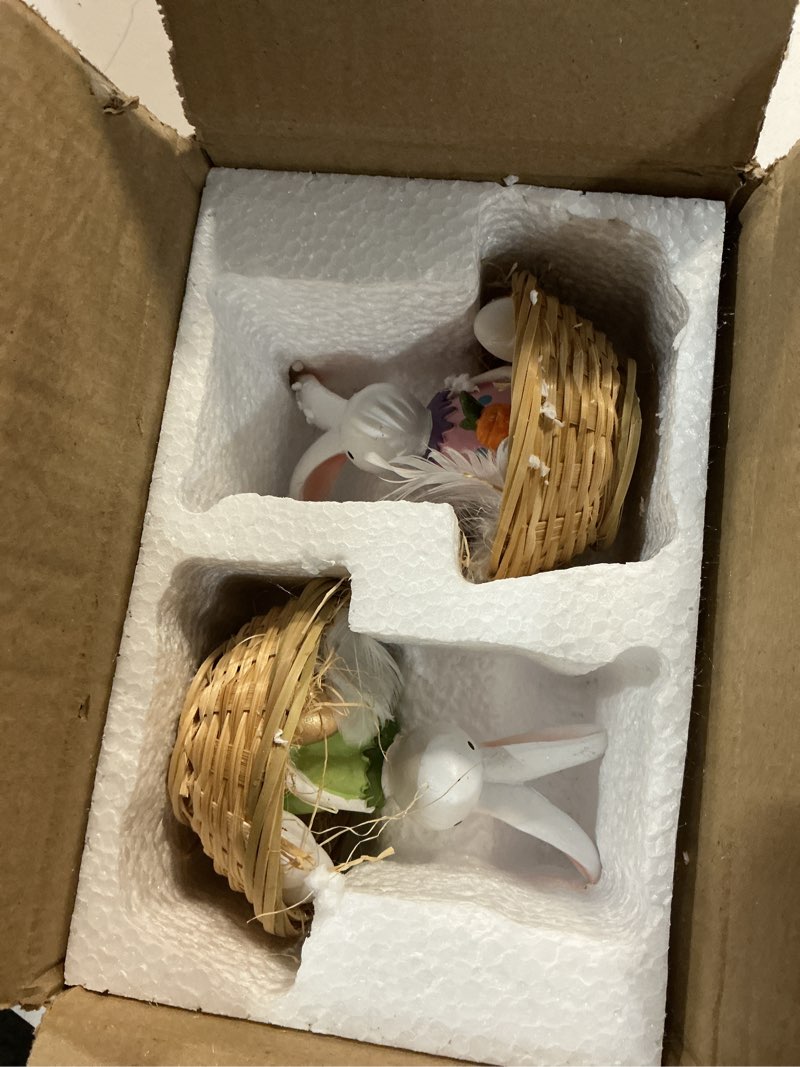 Condition photo showing New/Like New for easter bunny resin decor set of 2 – cute rabbit figurines in basket with eggs, spring easter table decorations for home, farmhouse, office & party centerpiece tiered tray shelf mantel