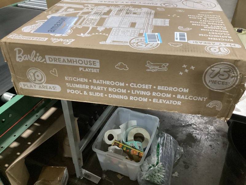 Condition photo showing As Is for barbie dreamhouse, pool party doll house with 75+ pieces and 3-story slide, house playset, pet elevator and puppy play areas