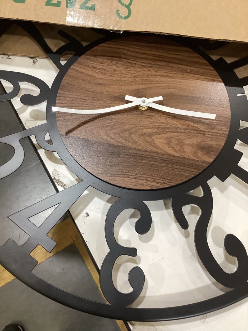 Condition photo showing As Is for Maxstar Round Wall Clock for Living Room Decor Battery Operated Non Ticking Silent Vintage Black Metal Wood Clocks for Home Living Room Garden Farmhouse Office Kitchen Decoration -20 inch Black-arabic Numerals 20 Inch