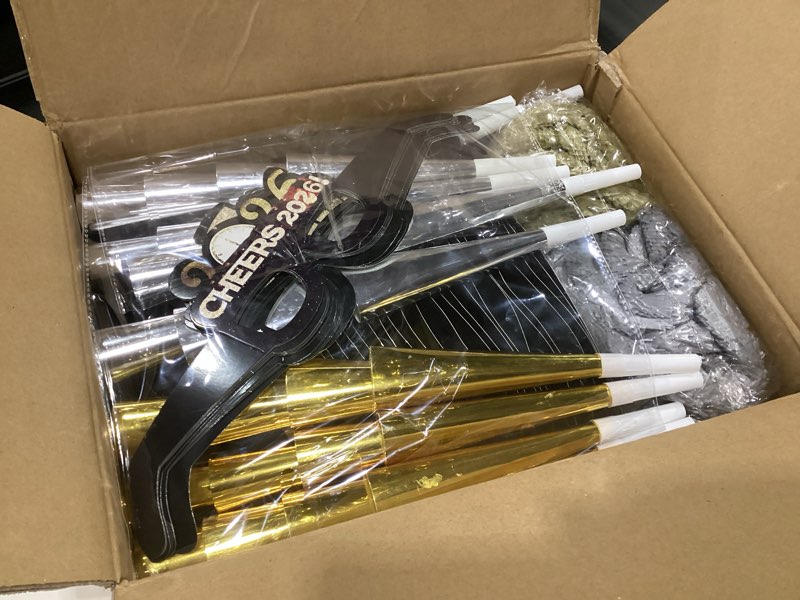 Condition photo showing As Is for Fovths 264 Pieces 2026 New Years Eve Party Supplies Includes Glasses Top Hats Headband Noisemakers Horns Bead Necklaces Plastic Leis New Year Party Favors for Celebration Decoration Gift