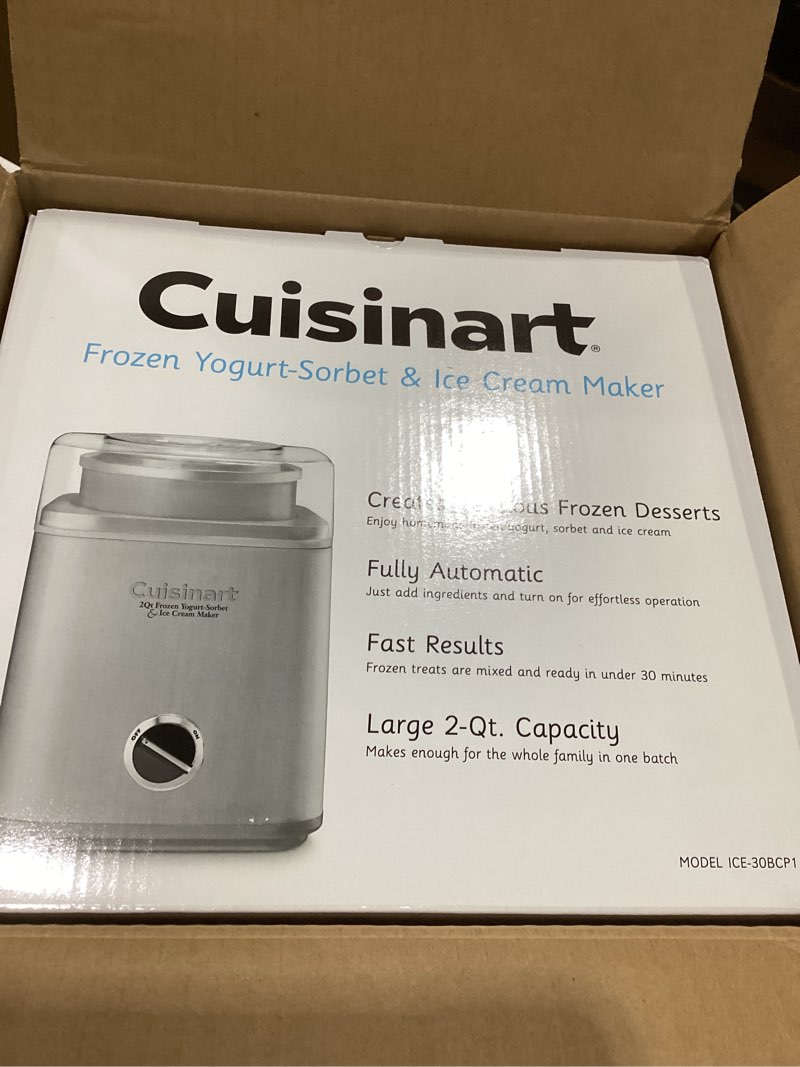 Condition photo showing New/Like New for Cuisinart Ice Cream Maker Machine, 2-Quart Ice Cream, Sorbet and Frozen Yogurt Machine, Fully Automatic Double-Insulated Freezer Bowl Makes Frozen Desserts in Under 30 Minutes, ICE30BCP1, Silver