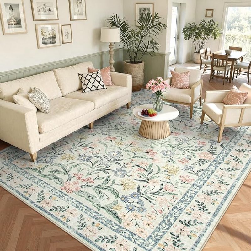 wonnitar boho washable rug 8x10, large area rug for living room, soft floral carpet for bedroom non slip, 8 x 10 indoor beige carpets for nursery dining room apartment office decor