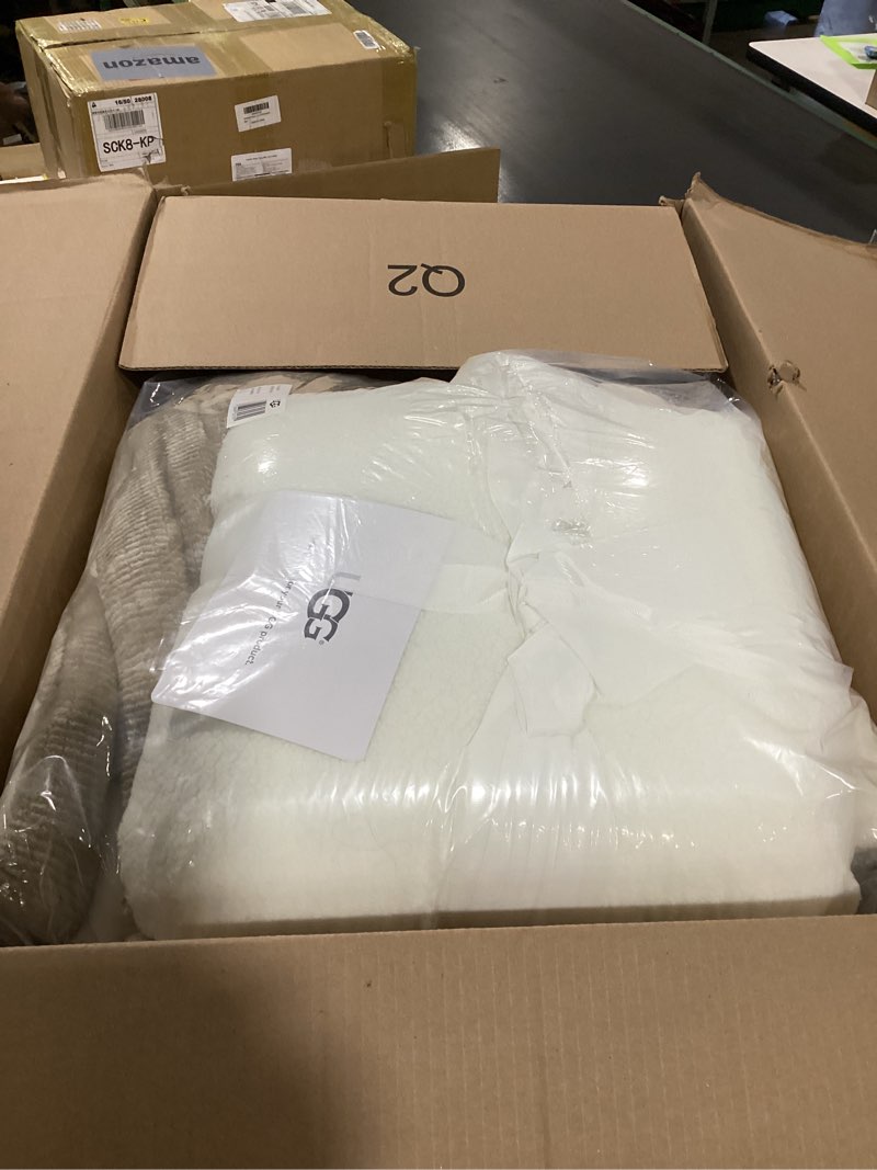 Condition photo showing Good Condition for UGG Full/Queen Comforter Set 5 Piece Bed in a Bag with Throw Blanket, Decorative Pillow, Shams, Reversible Hypoallergenic Washable Luxury Warm Fluffy Bedding Set, Brown Birch (Remina) Ivory Full/Queen
