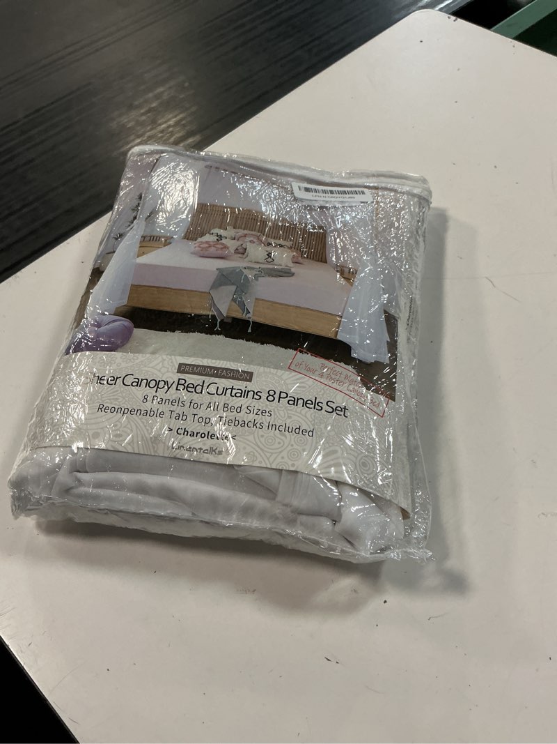 Condition photo showing New/Like New for linentalks sheer canopy bed curtains for king, queen, full and twin bed, 4 corner bed canopies & drapes, four poster bed canopy curtains beds, sheer curtains for canopy bed drapes, white white 42"w x 74"l (pack of 8)