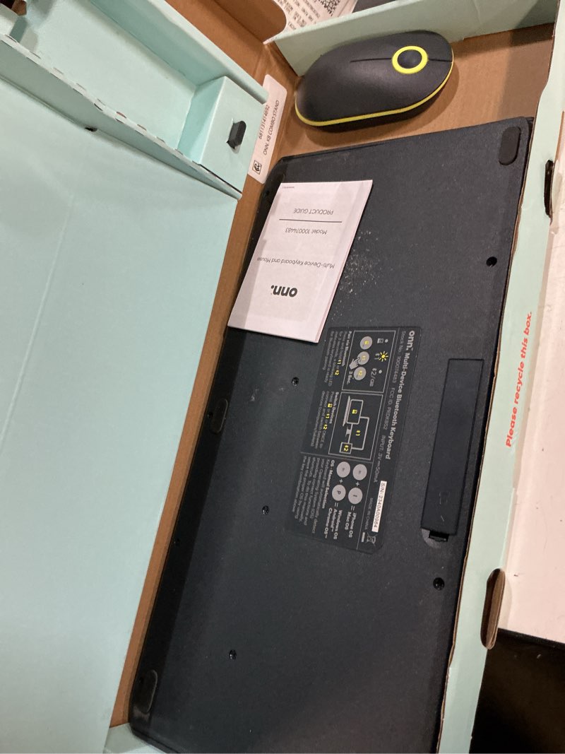 Condition photo showing As Is for onn multi-device wireless full-size keyboard and 3-button mouse set, gray & yellow