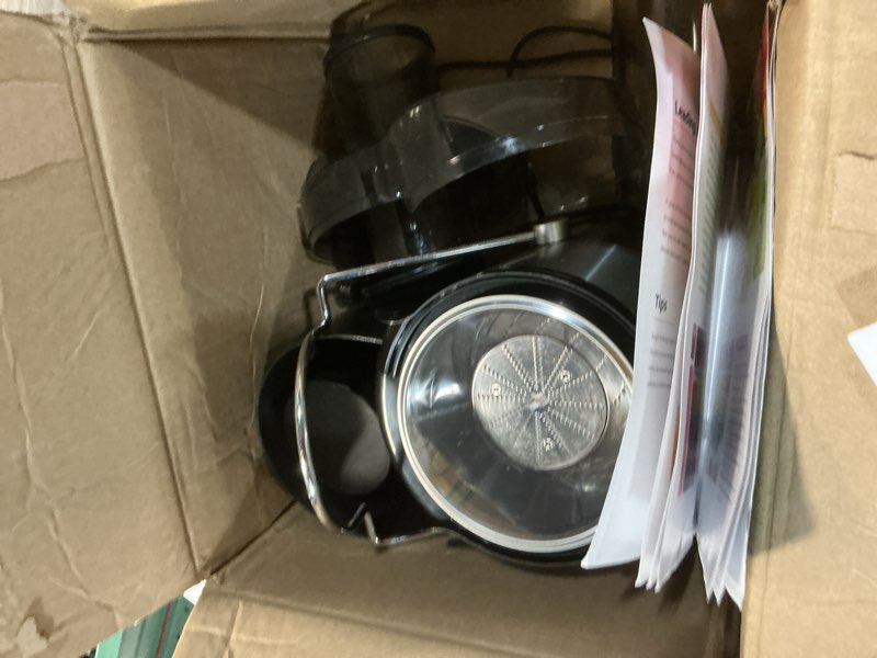 Condition photo showing As Is for qcen juicer machine, 800w centrifugal juicer extractor with wide mouth 3” feed chute for fruit vegetable, easy to clean, stainless steel, bpa-free (black) 800w black