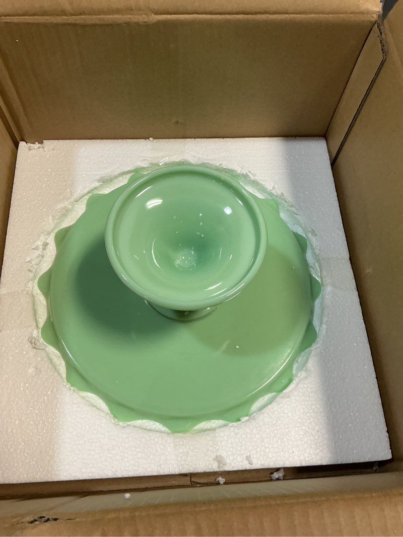 Condition photo showing Good Condition for martha stewart highbrook 11" jadeite glass cake stand – handmade vintage-style dessert stand with ruffle trim, decorative pedestal cake plate for display & serving green (11")