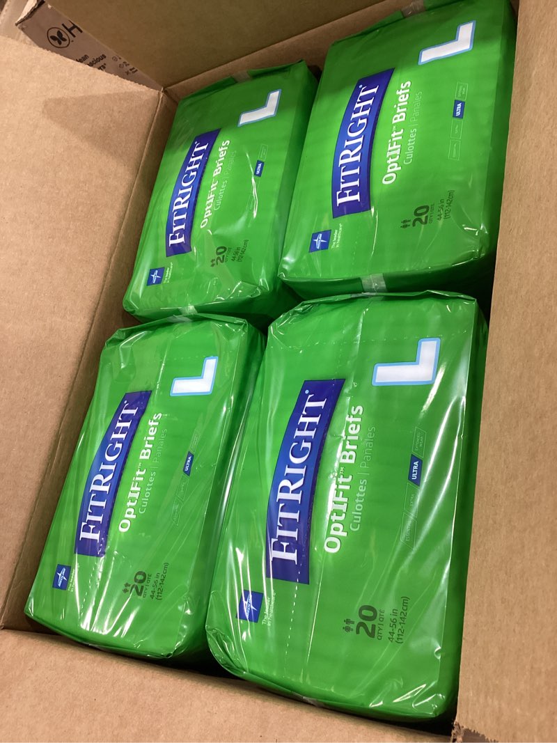 Condition photo showing New/Like New for FitRight Ultra Adult Diapers, Disposable Incontinence Briefs with Tabs, Heavy Absorbency, Large, 44"-56", 4 packs of 20 (80 total)