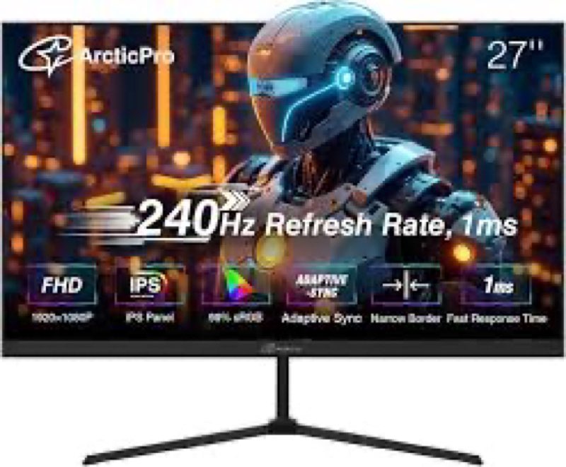 ArcticPro 27 inch Gaming Monitor 240Hz, FHD 1080p, IPS Panel, 1ms Response Time, Adaptive sync, PC C