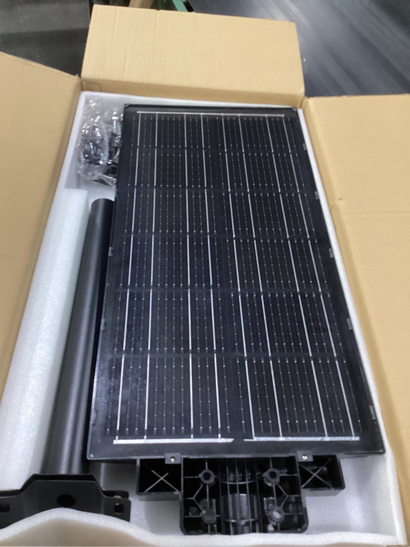Condition photo showing New/Like New for jwt 2 pack 30" large solar street light, 9000w solar street lights outdoor 320000lm,6500k commercial parking lot light, solar flood outdoor lights ip66 waterproof with motion sensor