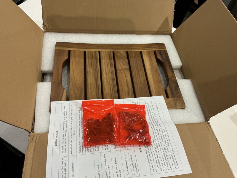 Condition photo showing Good Condition for 14" compact teak shower stool with shelf & handle - waterproof, non-slip bath bench for small bathrooms/tub/outdoor use, 300 lbs capacity (patented) 14"w x 10" dx 17"h