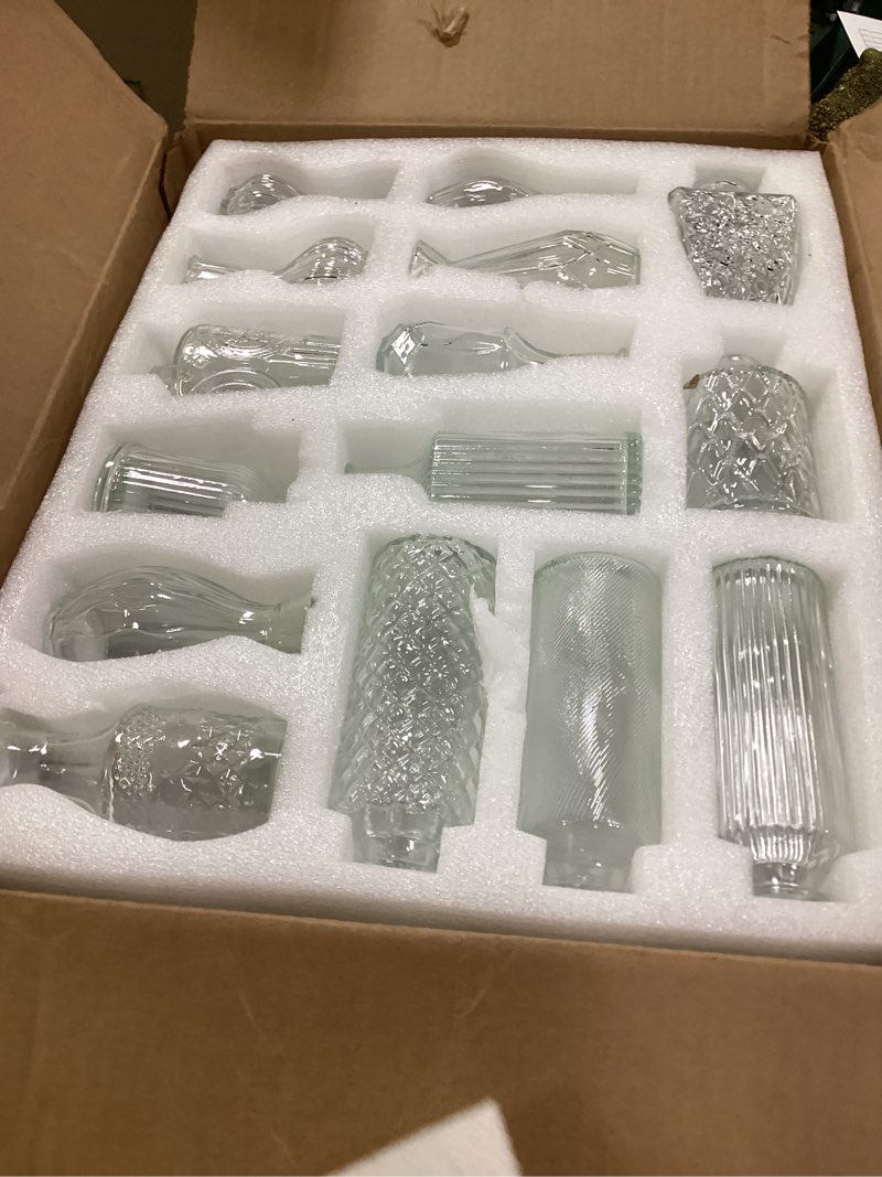 Condition photo showing New/Like New for 36pcs bud vases set small vintage glass bottles clear bud vases in bulk multiple shape cute glass vases for rustic wedding centerpieces table decorations and home decor(clear)