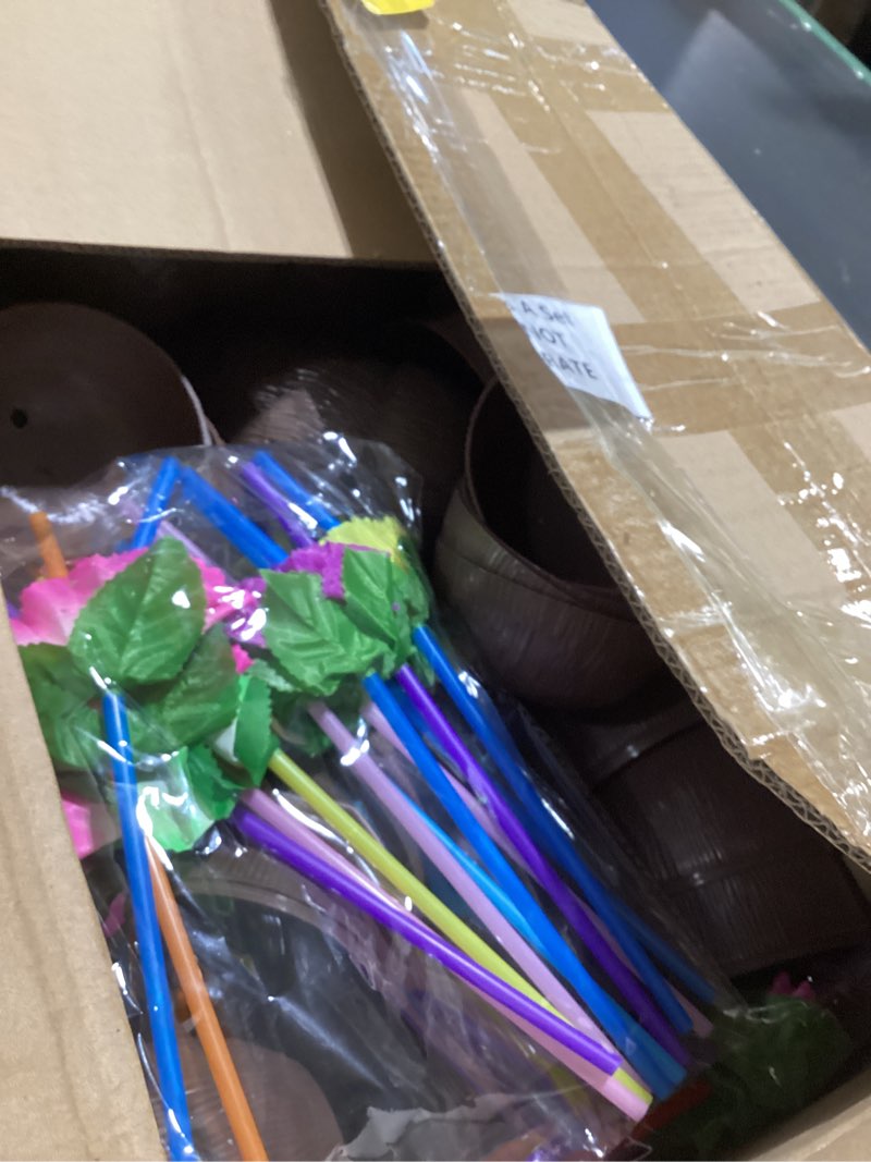 Condition photo showing Good Condition for qunclay coconut cups with hibiscus flower straws plastic hawaii party cups for hawaiian luau beach theme party drink decorations(80 pieces)