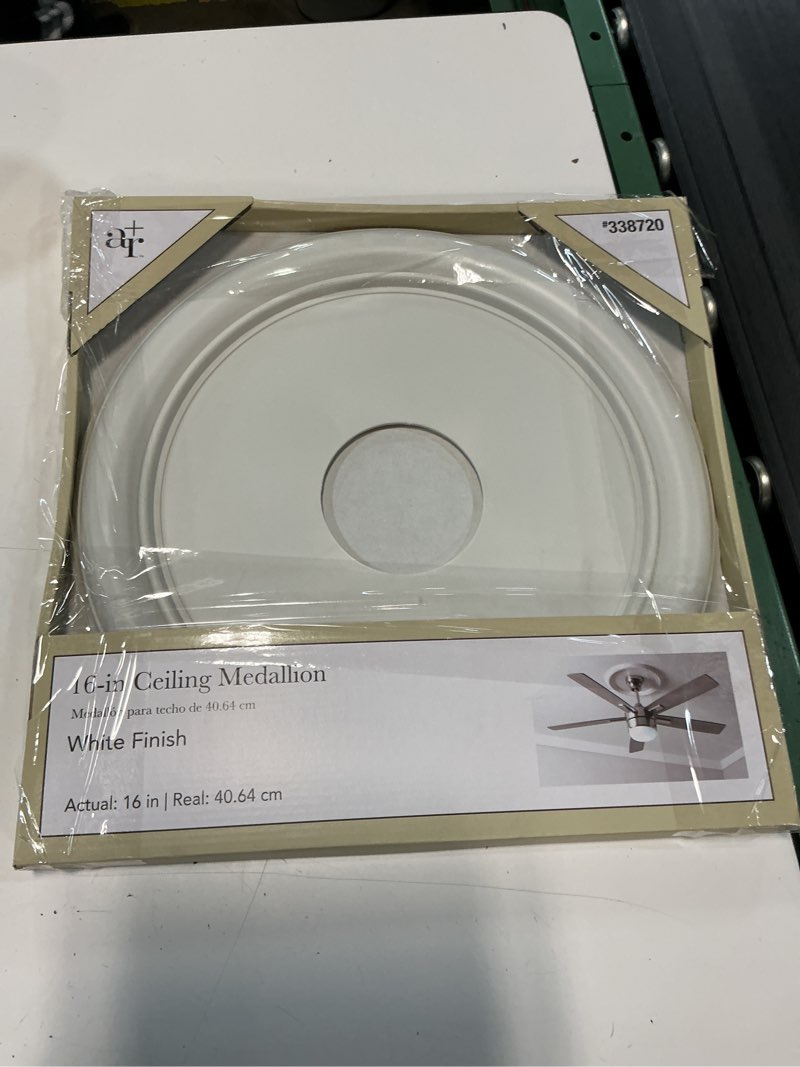 Condition photo showing New/Like New for allen + roth 16-in w x 16-in l traditional painted white composite whole ceiling medallion