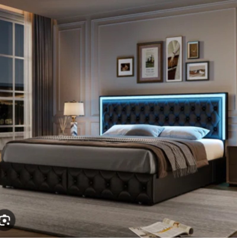 Athanasius Modern LED Platform Bed, PU Upholstered Bed with Storage Drawers, RGB Lighting & Music Sync, Adjustable Headboard, No Box Spring Needed, Easy Assembly Queen