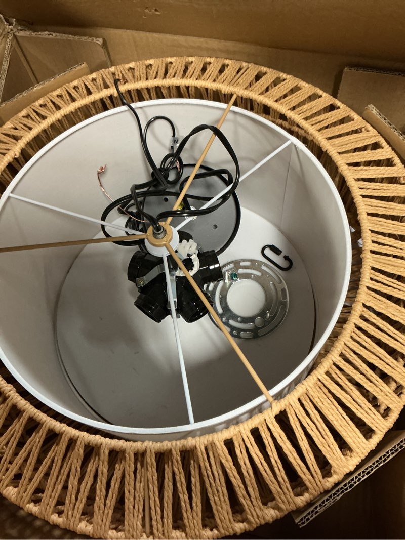 Condition photo showing As Is for farmhouse chandelier light fixture, 5-light rattan boho chandeliers for dining room, hand woven pendant light with linen shade, rustic hanging lighting for kitchen island, bedroom (bulb not included) bohemian 5-light