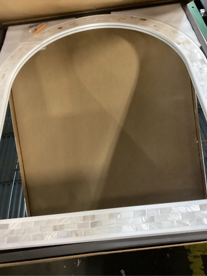 Condition photo showing Good Condition for Tanmicoshomy Arched Bathroom Mirror 36X31 Inches, Natural Shell and White Wood Framed Mirrors with Tempered Glass for Bathroom Living Room Bedroom or Entryway