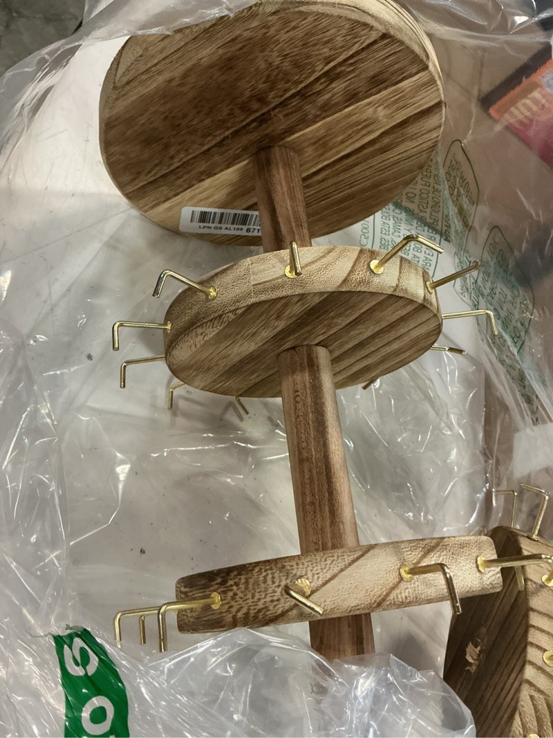 Condition photo showing Good Condition for pinzoveco bracelet holder, 3 tier wooden rotating bracelet display stand, tree stand vendor booth display with adversitsing board, 36 hooks for bracelet, keychain display stands for selling, brown (patent pending) carbonized brown