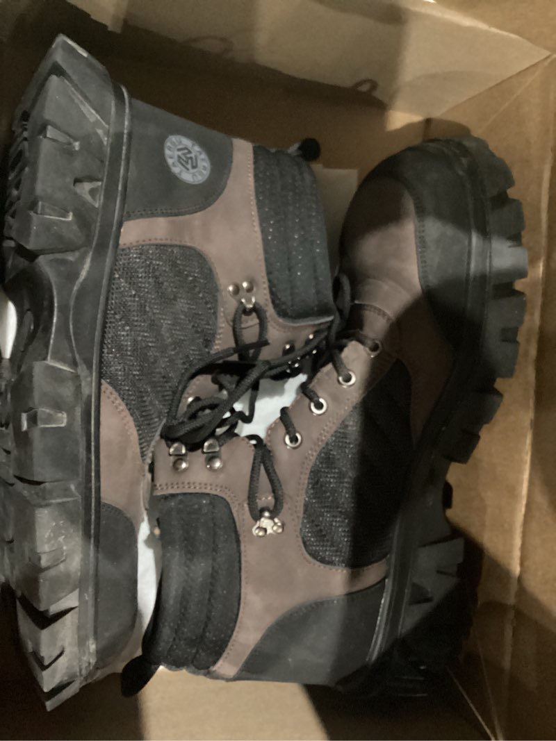 Condition photo showing As Is for KELODON Waterproof Steel Toe Boots For Men-6 Inch Comfortable Mens Safety Work Boots Indestructible Steel Toe Shoes Lightweight Non Slip Puncture Resistant Industrial Construction Boot 13 Dark Brown