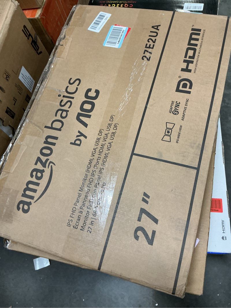 Condition photo showing As Is for Amazon Basics IPS Monitor 75 Hz Powered with AOC Technology FHD 1080P HDMI, Display Port and VGA Input VESA Compatible Built-in Speakers for Office and Home, 27 in, Black