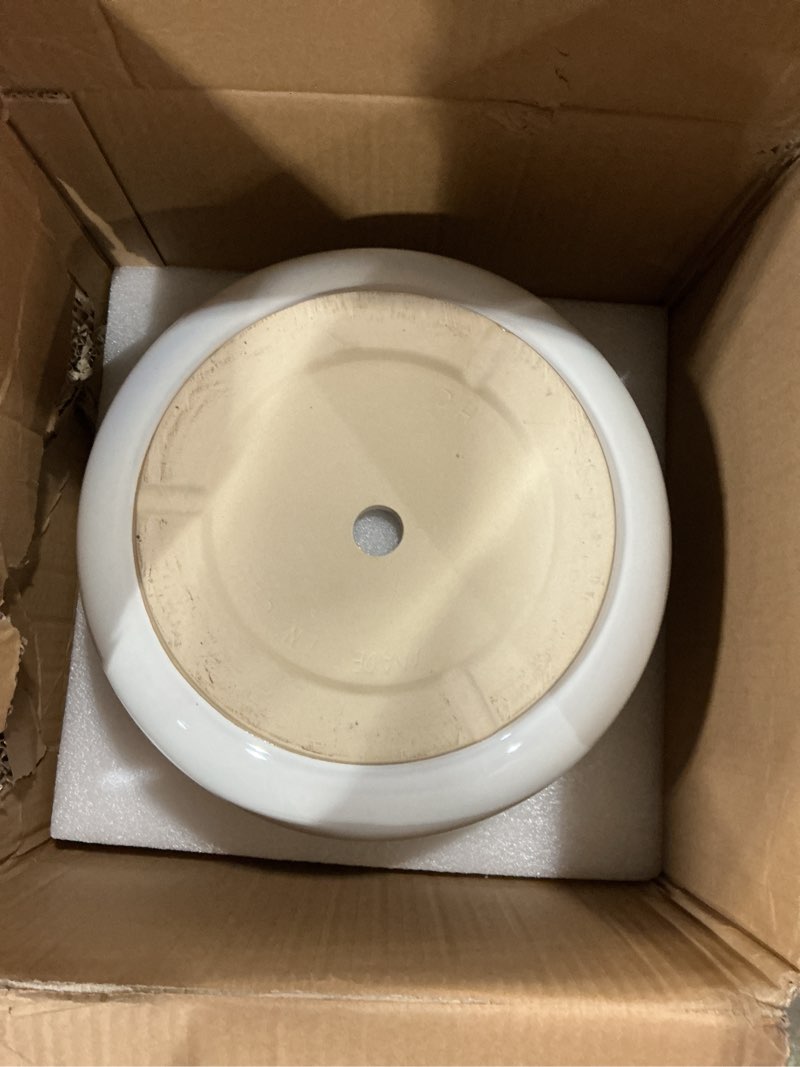 Condition photo showing As Is for Ceramic Planters - 10+12 Inch Large Pots for Indoor & Outdoor Plants, Modern Flower Pots with Drainage Holes and Self Watering Devices, House Beige Big Plant Pot, Set of 2