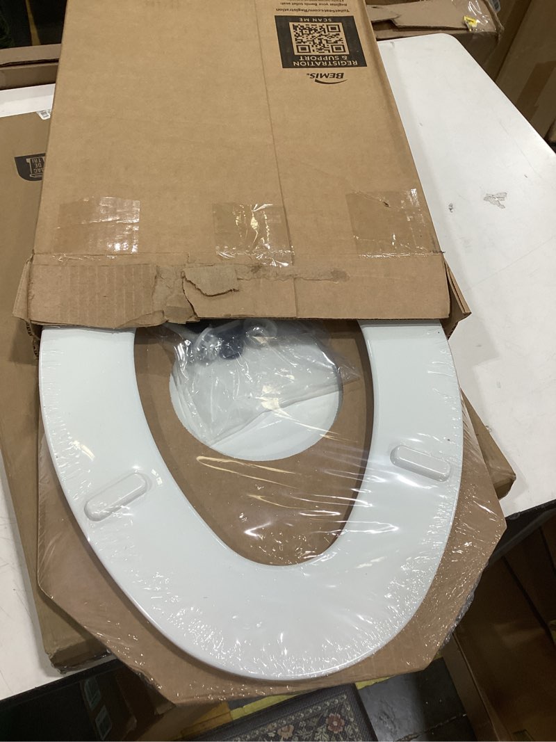 Condition photo showing Good Condition for church toilet seat, easy clean hinges release for deep cleans, durable enameled wood seat, elongated, white elongated white