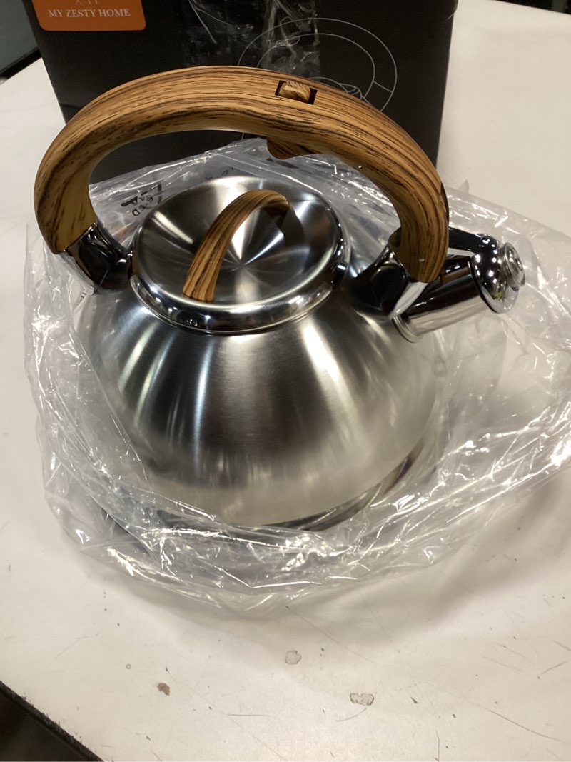 Condition photo showing Good Condition for Whistling Tea Kettle for Stovetop 3.1 QT Large Stainless Steel Teapot, Warp Resistant, Wood Pattern Ergonomic Handle – For Gas, Electric, Induction & Ceramic Stove top