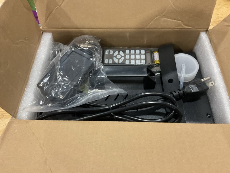 Condition photo showing New/Like New for fog machine, smoke machine with disco ball lights, 800w and 4500cfm with 13-color led effects, wired and wireless remote controls, ideal for indoor, outdoor, halloween, wedding, and parties black a1