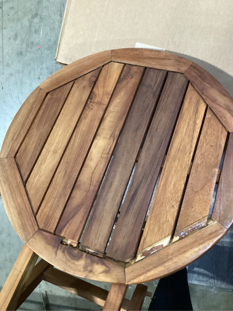 Condition photo showing As Is for teak wood folding round side table, teak oil finish for camping & outdoor entertaining, ideal end table for backyard, porch, balcony (20" d x 20" w x 18" h)