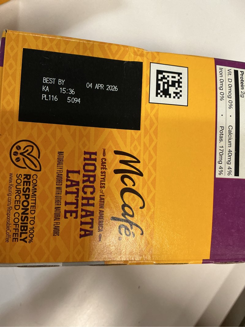 Condition photo showing Good Condition for (Best by 04/APR/2026)McCafe Cafe Styles of Latin America Horchata Latte, Keurig Single Serve K-Cup Coffee Pods, 20 Count (Pack of 1) Horchata Latte 20 Count (Pack of 1)