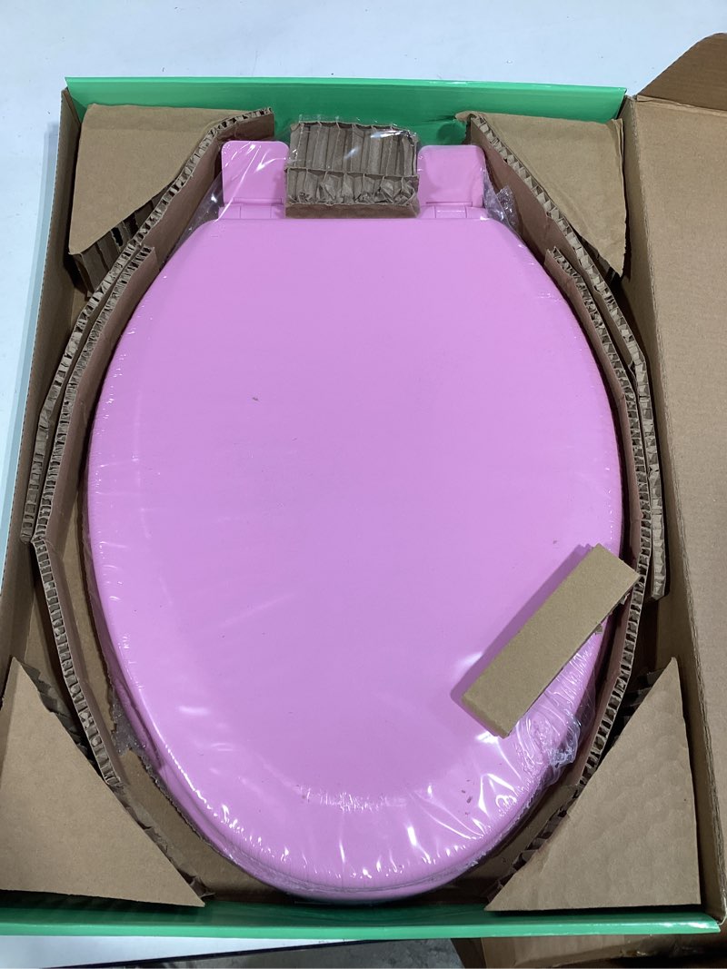 Condition photo showing New/Like New for toilet seat, slow close, soft touch, ultra-smooth matte finish (no orange-peel texture), premium moulded wood, quick release, piklids (pink, elongated) pink elongated