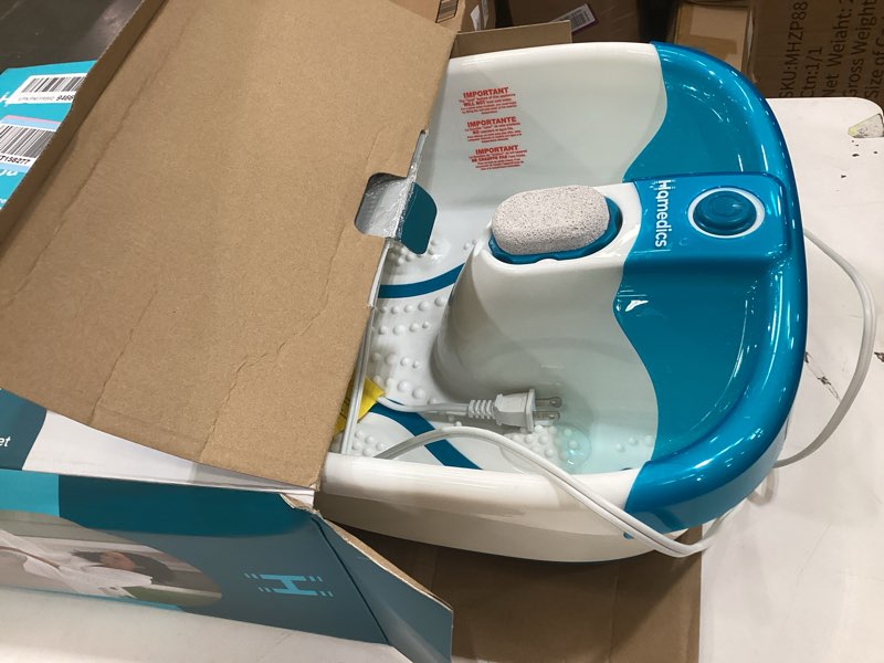 Condition photo showing As Is for homedics bubble mate foot spa, toe touch controlled foot bath with invigorating bubbles and splash proof, raised massage nodes and removable pumice stone