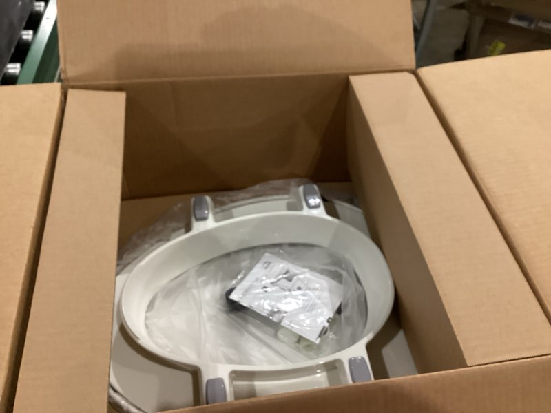 Condition photo showing As Is for bemis assurance 3" raised toilet seat for seniors, made in usa, secure hinges, clean shield guard, elongated, white elongated raised seat