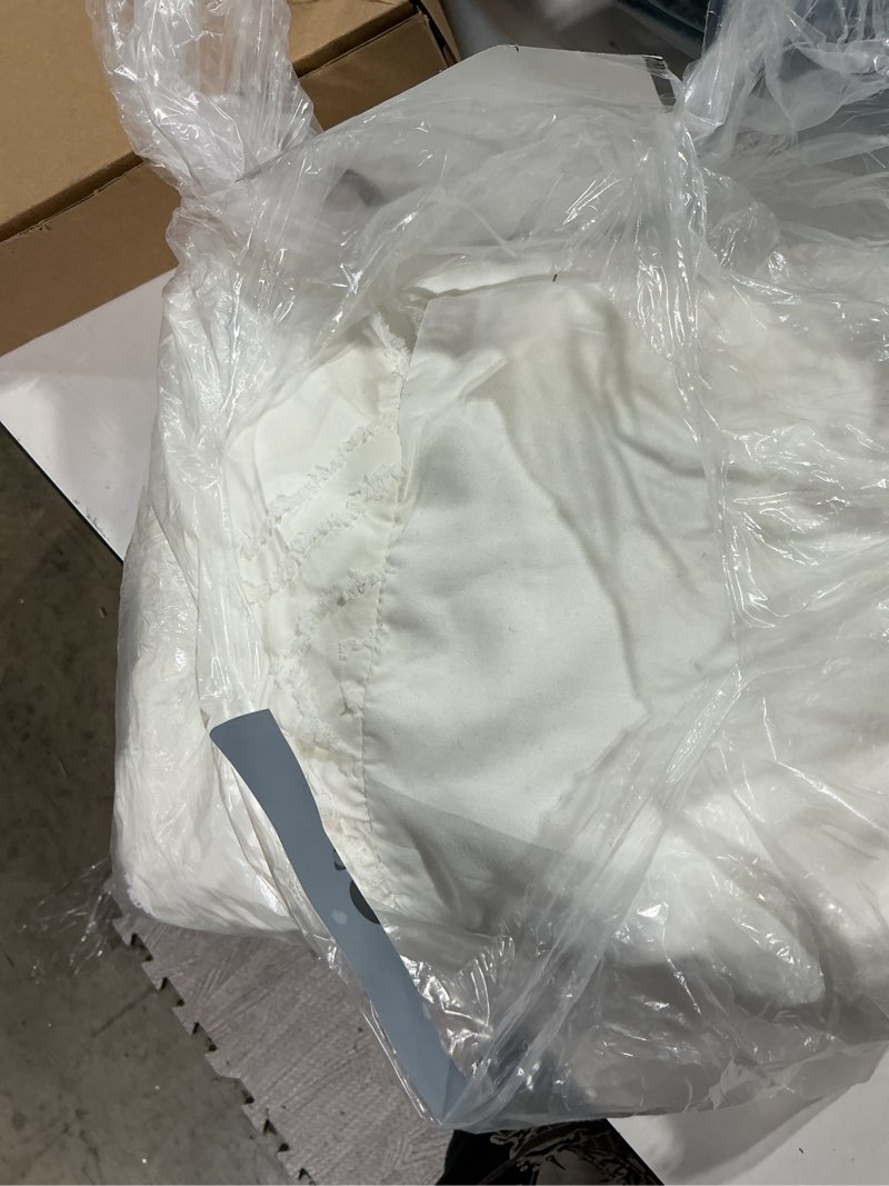 Condition photo showing Good Condition for tufted king size bed skirt, ruffled with split corners, 16 inch drop, square boho, ivory, 16'' king ivory-grid 16''king