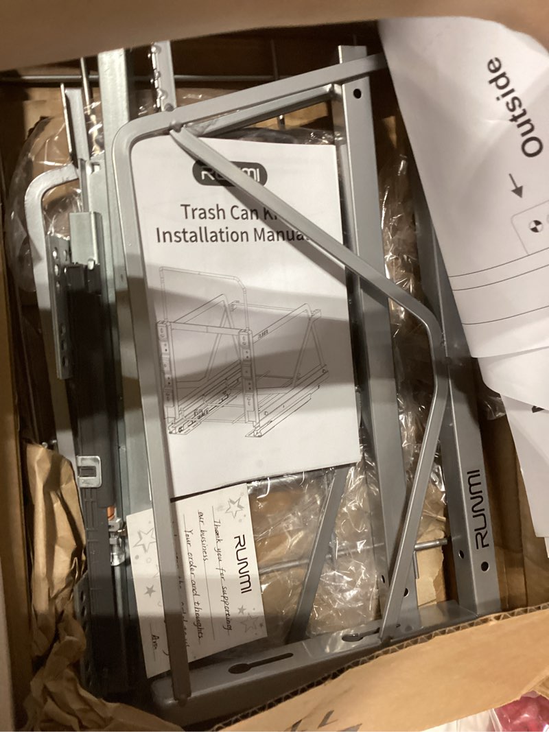 Condition photo showing As Is for pull out trash can under cabinet kit with soft-close slides,under sink trash can pull out,for kitchen,sink, drawer,requires minimum cabinets opening 12" w x 18" d(garbage can not included) b-single
