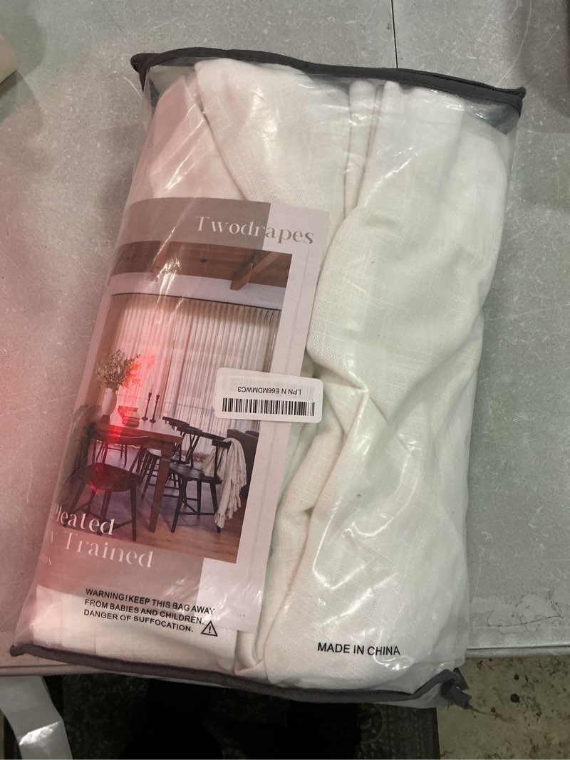 Condition photo showing Good Condition for beige white pinch pleated 96 inch curtains 2 panel set for living dining room neutral thick linen semi sheer ceiling track curtain light filtering privacy bedroom drapes window treatment w50xl96 beige white 50"w x 96"l (pack of 2)