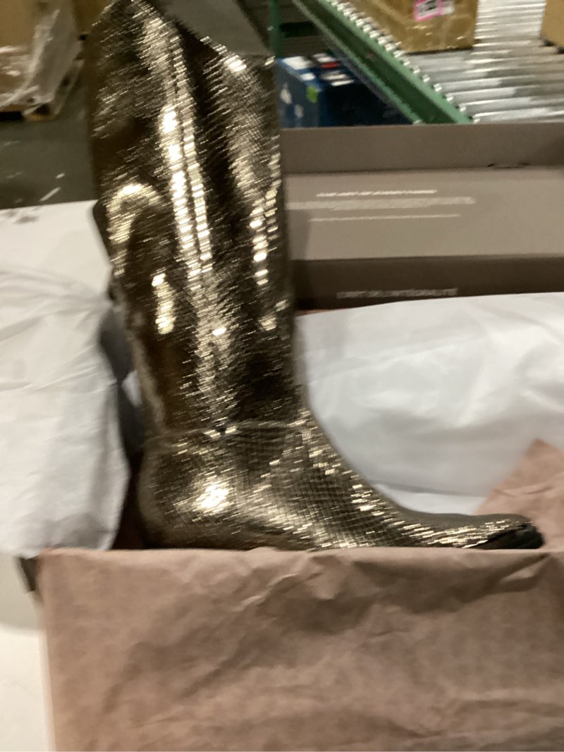 Condition photo showing New/Like New for Franco Sarto womens Billie Knee High Fashion Cowboy Boot 7.5 Pewter Snake Faux Leather