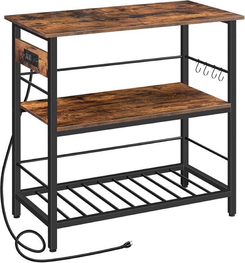 
hoobro kitchen island with storage, kitchen island table with power outlet, 35.4" l 3 tier coffee station and microwave stand, for home, dining room, rustic brown and black