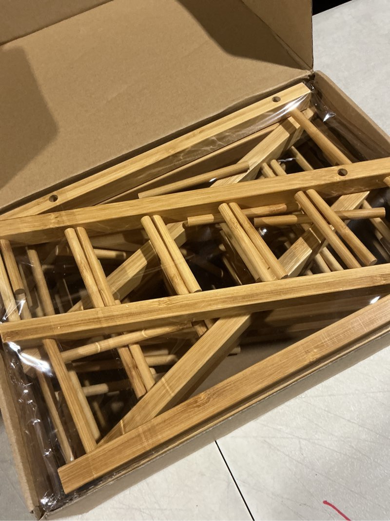 Condition photo showing Good Condition for 5 PCS Bamboo Tiered Display Stand – Plate Stands for Display, Book Display, Vendor Booth Display Items – Wooden Dish Rack, Plate Rack, Bamboo Dish Drying Rack for Kitchen, Tabletop, Craft Shows