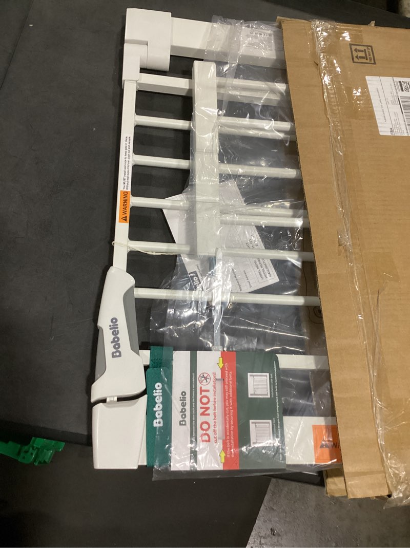 Condition photo showing New/Like New for babelio safety gate door fits for stairs, narrow and wide doorways with auto close, easy install, no drilling, pressure mounted for baby, child, pets, dog/puppy, 26''-40'', white white 30"tall 26"-40" wide