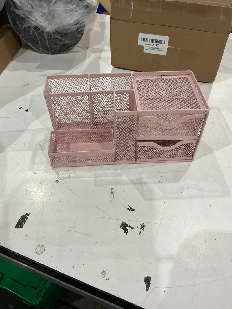 Condition photo showing New/Like New for mesh desk organizer, pen organizer with 2 drawers and 5 compartments, versatile pen holder for small space, desk organizers and accessories for school office supplies, pink