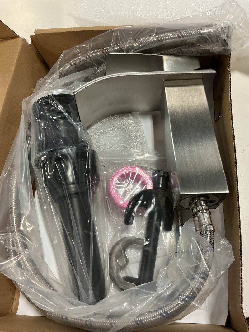 Condition photo showing Good Condition for ryuwanku bathroom faucet brushed nickel modern waterfall bathroom sink faucet with single handle suitable for 1 or 3 holes,supply deck plate and hose brushed nickel short