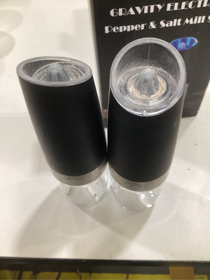 Condition photo showing As Is for xinxu gravity electric pepper and salt grinder set, adjustable coarseness, with led light, one hand automatic operation (set/black x)