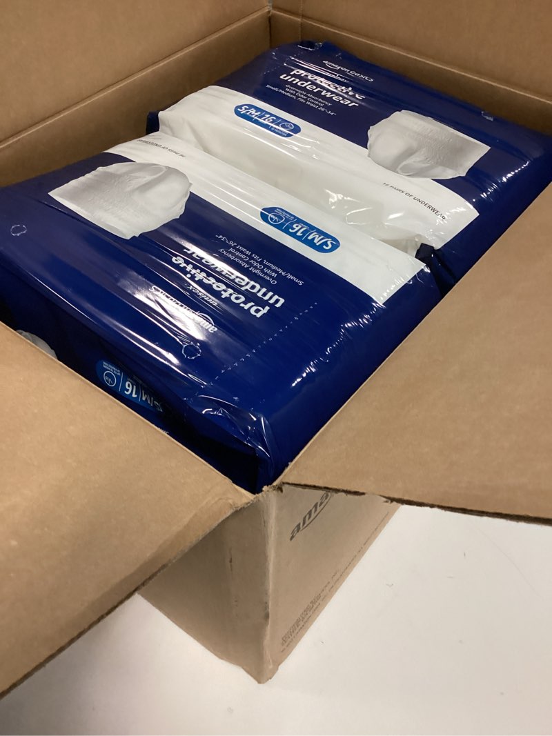 Condition photo showing New/Like New for (Size:S/M)Amazon Basics Unisex Protective Underwear, Overnight Absorbency, Small/Medium, 64 Count, (4 Packs of 16) Small/Medium Pack of 4 64